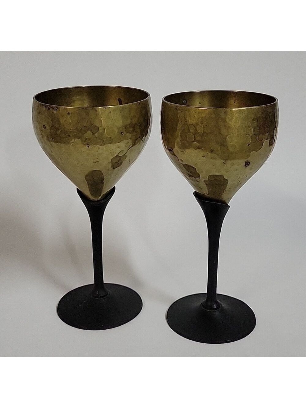Vintage Set of Hammered Brass Wine Goblets w/Cala Lilly Stems, Made in India